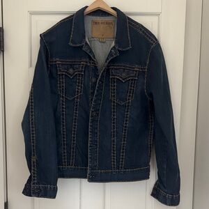 True Religion Dark Blue Denim Trucker Jacket with Contrast Stitching